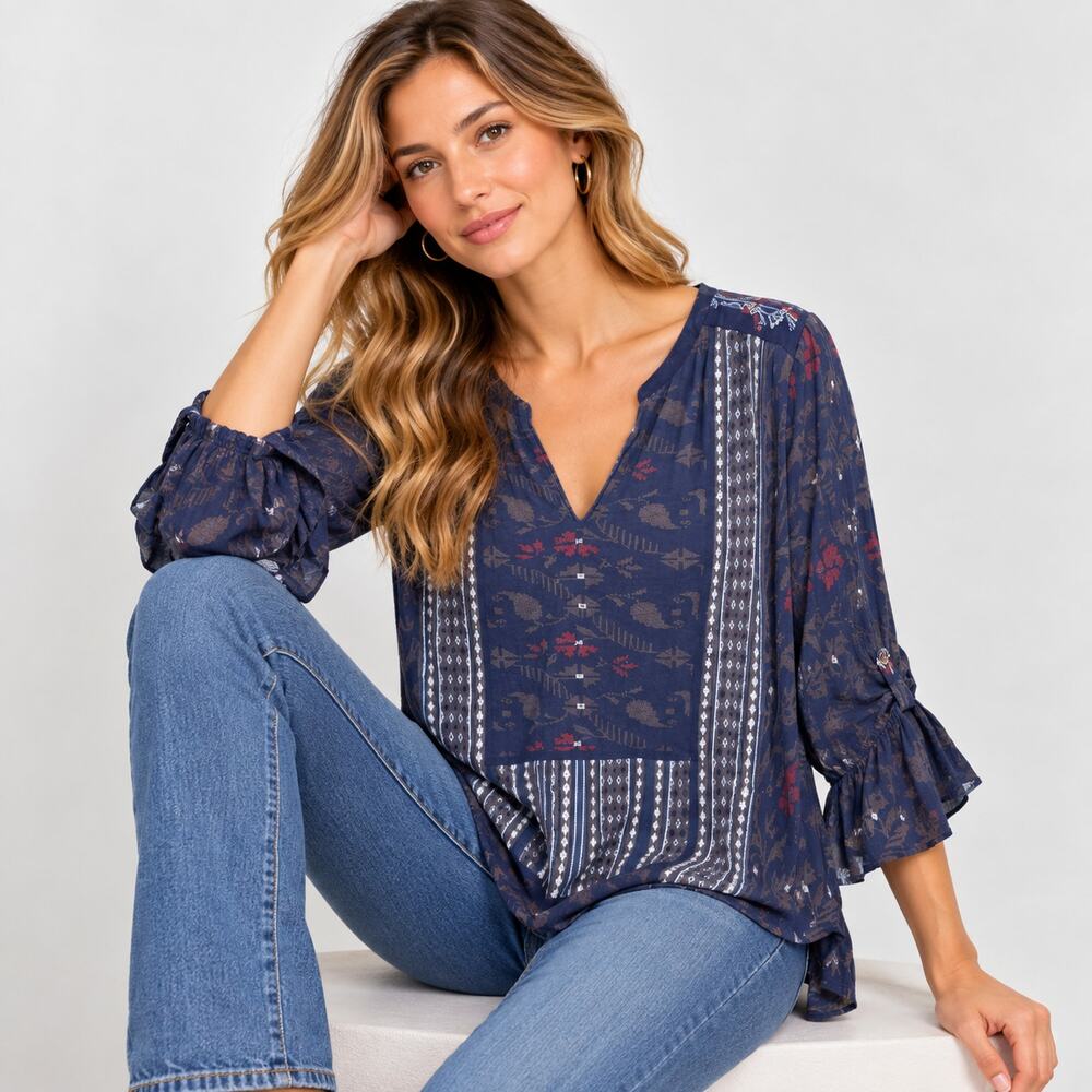 Lucky Brand Top Women's Size XL Navy Embroidered Boho-chic Casual Western